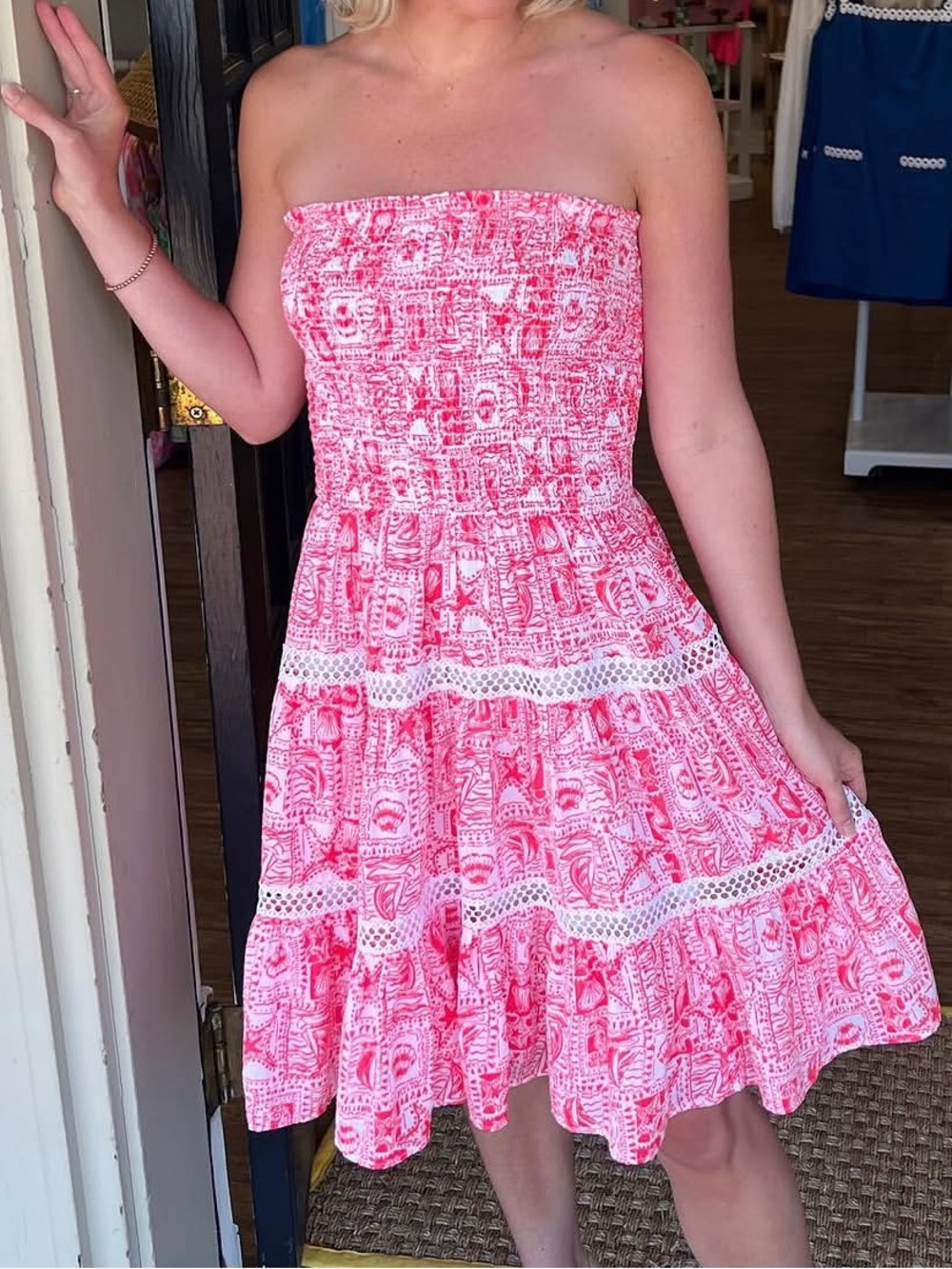 Lilly Pulitzer Kelvina Strapless Smocked Dress Mizner Red Seaside Harbour Size M - Picture 16 of 16
